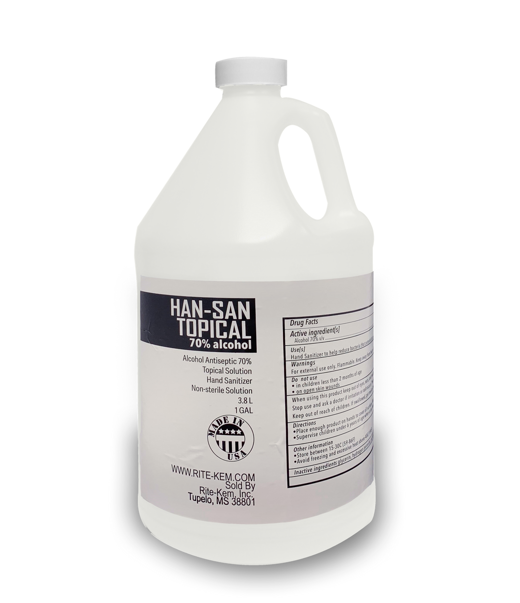 Rite-Kem Han-San Topical 70% Alcohol (ETHANOL BASED) - Gallon (case of 4) *Non-Sterile Solution